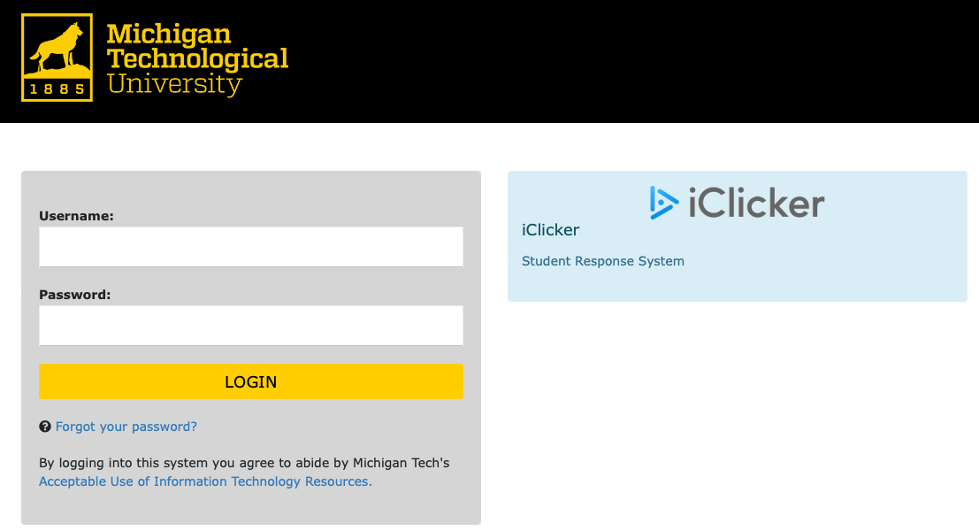 Michigan Tech's iClicker login page, with fields to enter Username and Password, with a login button below