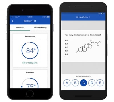 iClicker student app on two smart phones, one showing performance statistics and the other showing a multiple choice question and the student's selected answer.