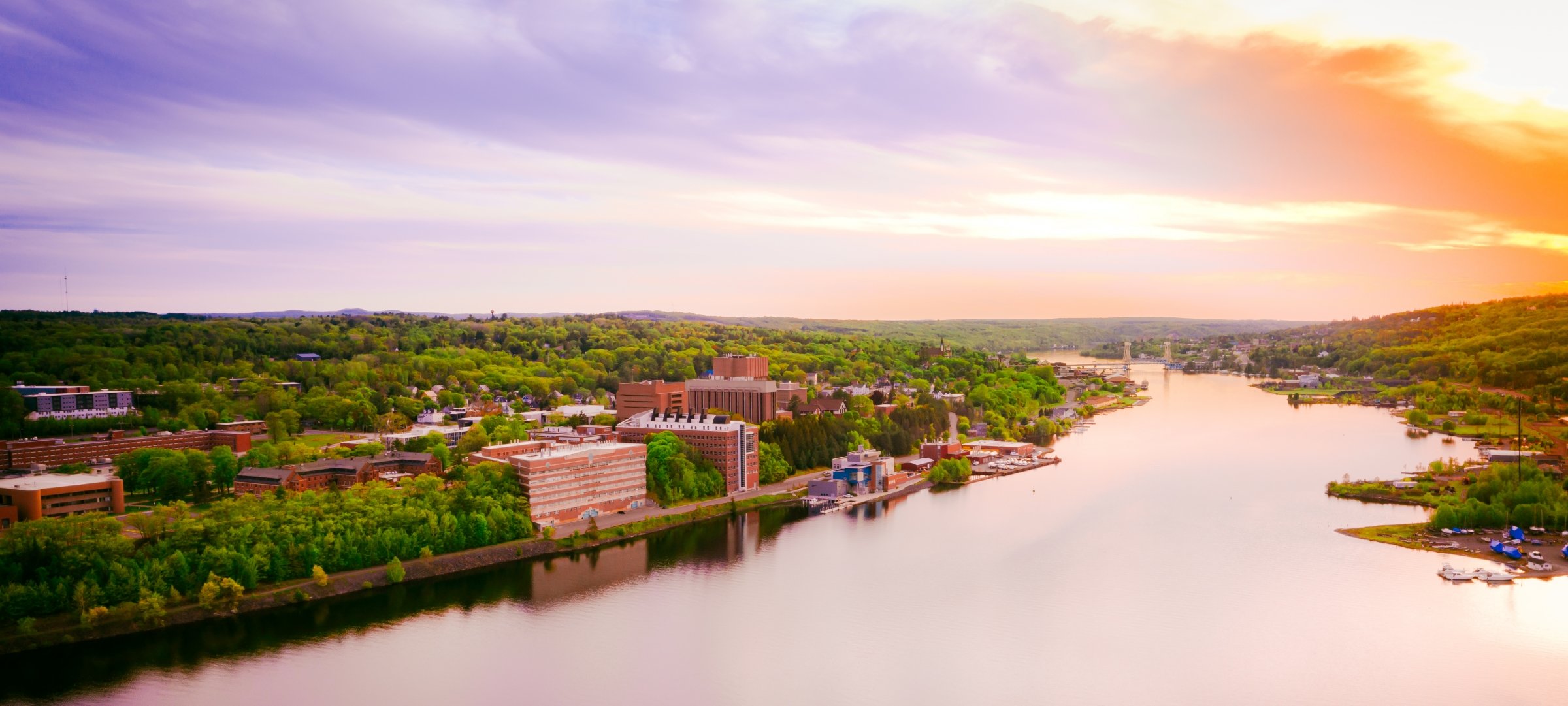 Michigan Technological University and Portage Canal from above in the evening