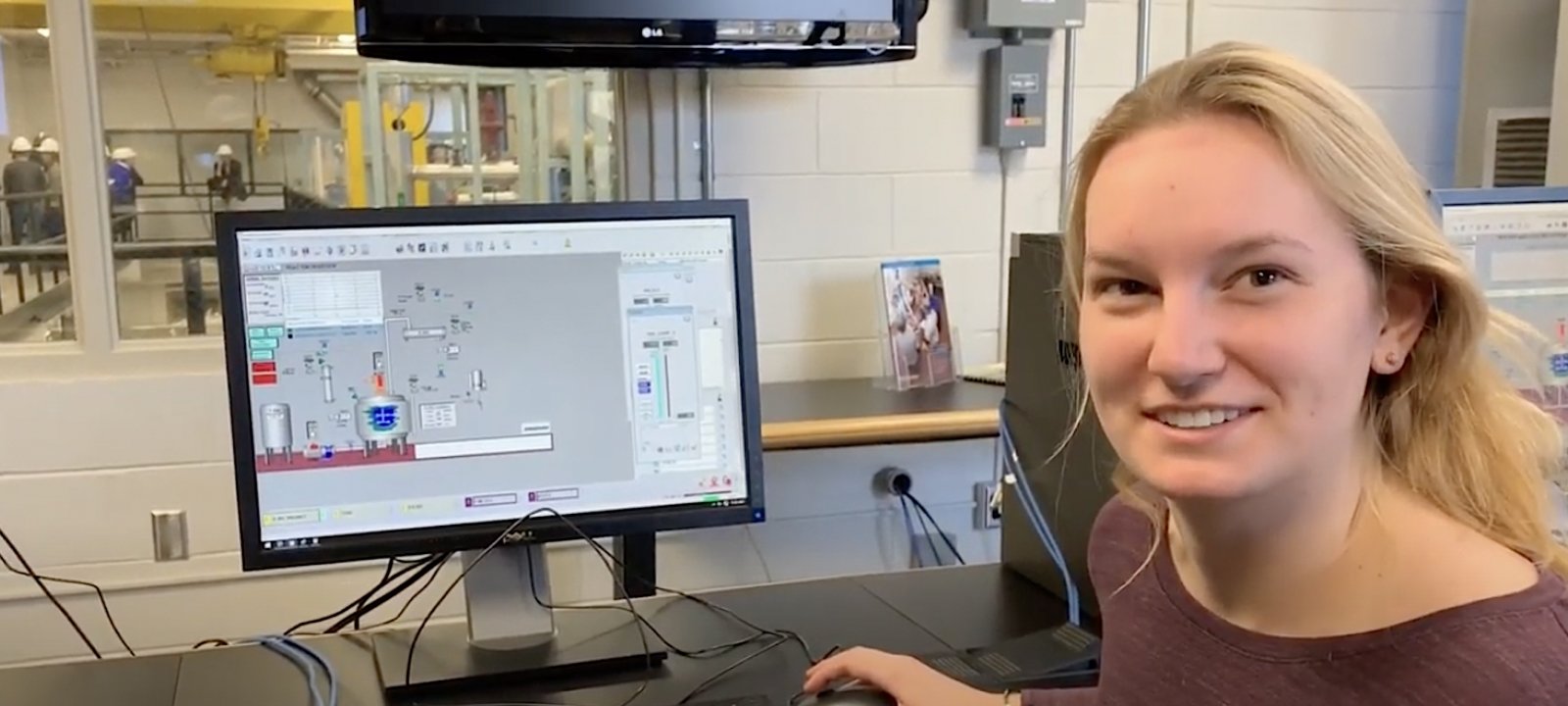 Student working at a computer near the Unit Operations Lab.