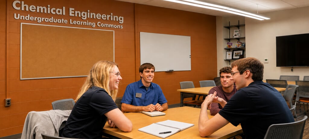 Students and coaches at a table in the learning commons.