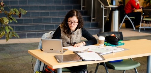 Student takes notes on a laptop in the East Reading Room.