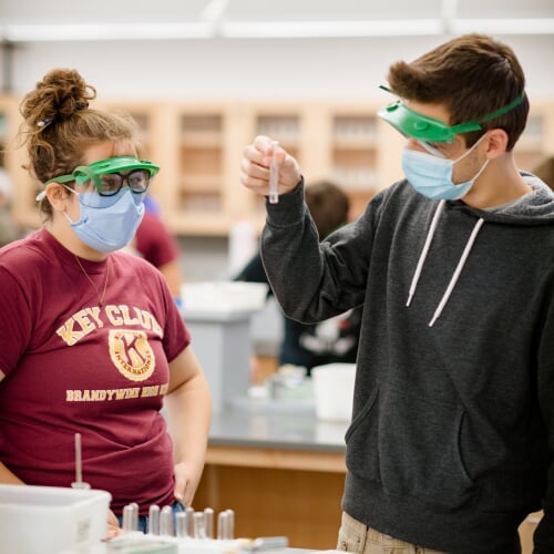 Undergraduate students in a lab with protective gear