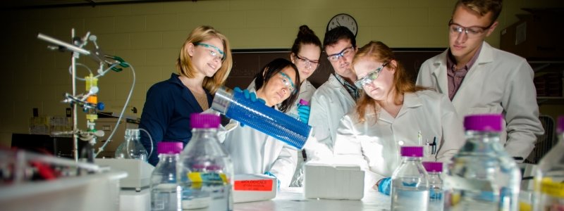 Students gathered around an experiment done in lab