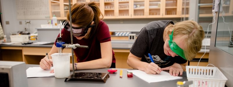 Two chemistry students filling out lab reports