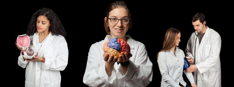 Students in lab coats, some holding models of internal organs