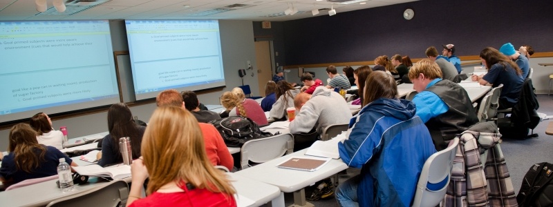 Students sitting during a lecture in the one of the Meese Center classrooms