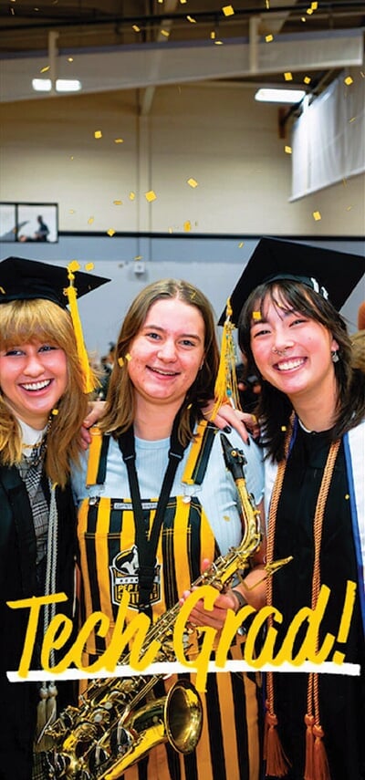 Sample Snapchat filter with Tech Grad at the bottom and falling confetti.