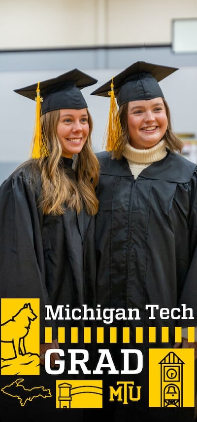 Sample Snapchat Filter with Michigan Tech Grad MTU at the bottom with illustrations of the husky statue, UP, gateway arch, and clock tower.