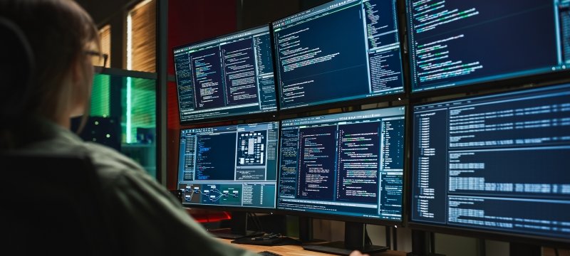 A student inspects a number of computer monitors