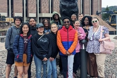 Summer 2022 MiCUP scholars (left to right) Alec Mirambeau, Chau Nguyen, DeAndre’ Neal, Nancy Martinez, Zelda Jones, Stacie Aguirre-Jaimes, Marco Britton, Will Ward, Chloe Wilson, Tomika Rybkowski, Gavin Kinney, Antonique White, Samantha Whitmore