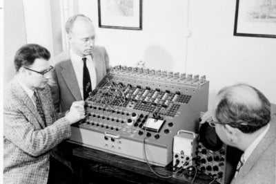 An analog computer in use at Michigan Tech in the 1970s.