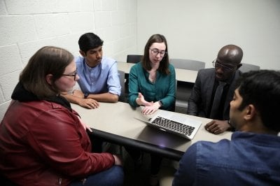 MS in Health Informatics graduate students (left to right) Nicole Andress, Sai Narayana, Gina Adragna, Djinaud Prophete, and Narendra Gude