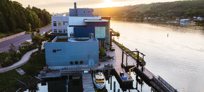 Drone view of the Great Lakes Research Center on the Keweenaw Waterway.