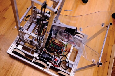 Frame, wheels, motor, and gears of the robot.