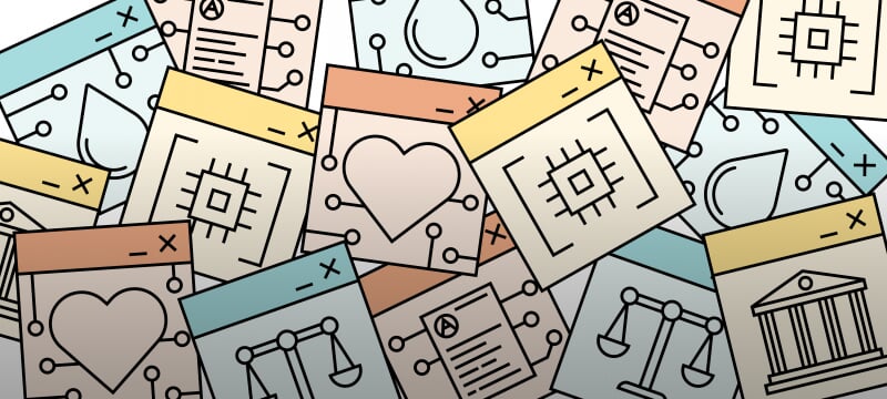 Illustrated pile of AI icons, including a computer chip, heart, balance scale, and building with pillars in multiple colors.