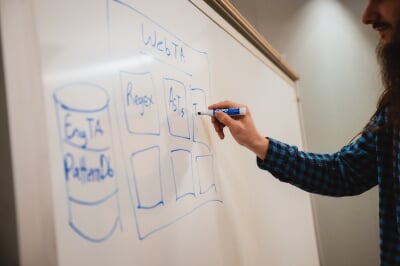 Person drawing a diagram of WebTA on a whiteboard.