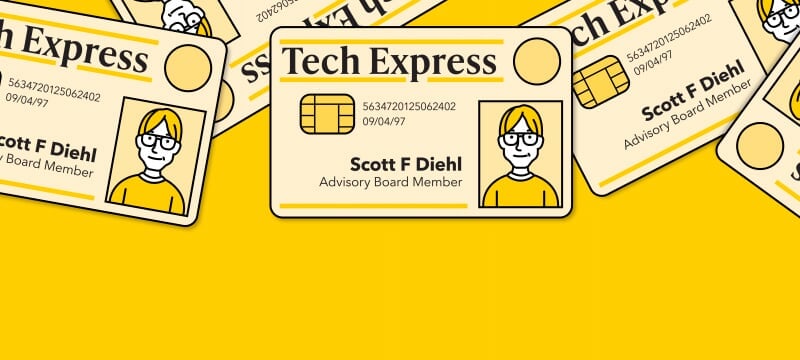 Illustrated Tech Express ID card for Scott F Diehl, Advisory Board Member.