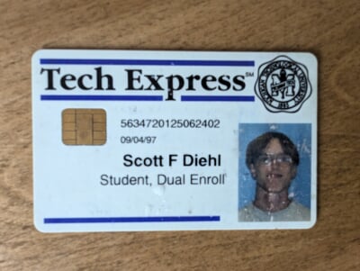 Scott Diehl's original Tech Express ID card as a dual enrolled student.
