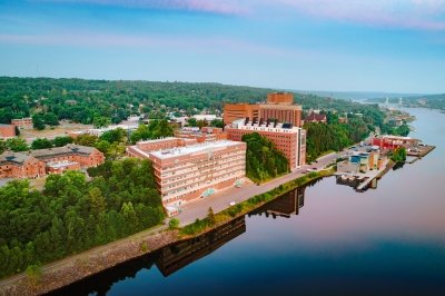 Early morning campus and waterway