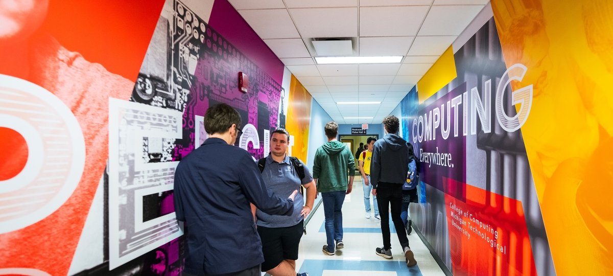 Students in the hallway of Rekhi Hall