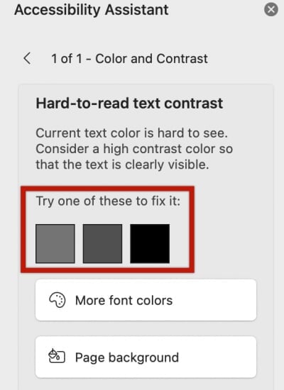 Word Accessibility Assistant modal showing alternative colors to choose to resolve contrast error in document