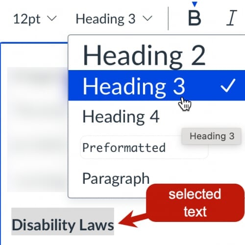 screenshot of Canvas paragraph menu showing various heading options and below the selected text being assigned the heading