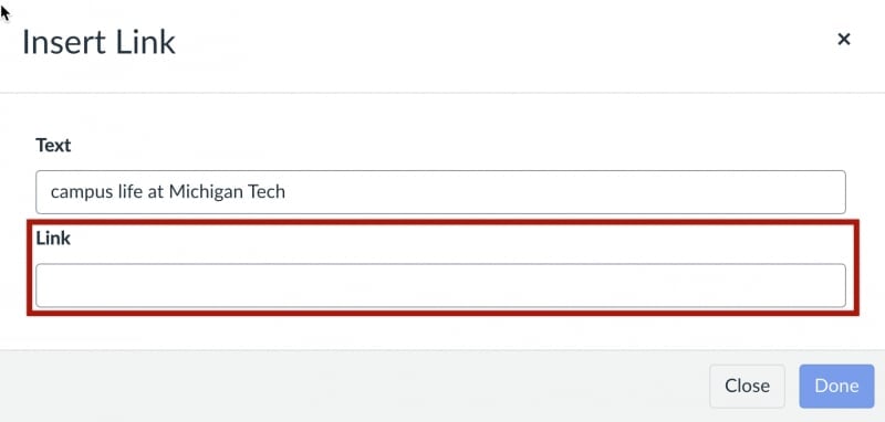 External Link dialog in Canvas rich content editor