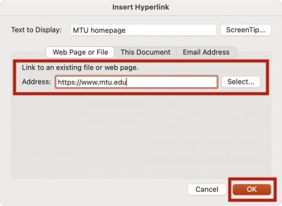 Insert hyperlink dialog in Powerpoint