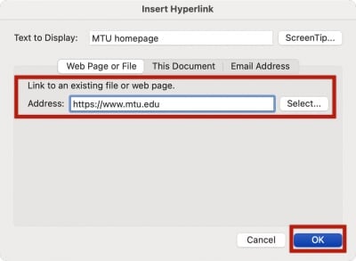 Insert hyperlink dialog in Word