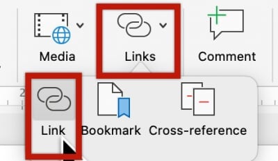 Links tool show in the Word Insert toolbar