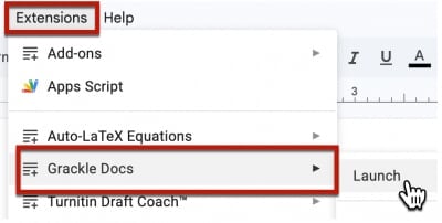 View of Grackle Doc extension Launch menu in Google Docs