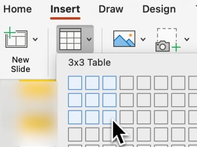 Insert table menu in PowerPoint