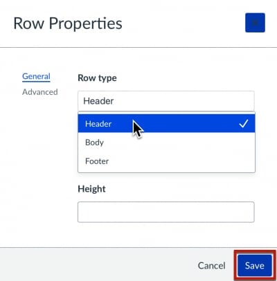 Row properties dialog box in Canvas rich content editor