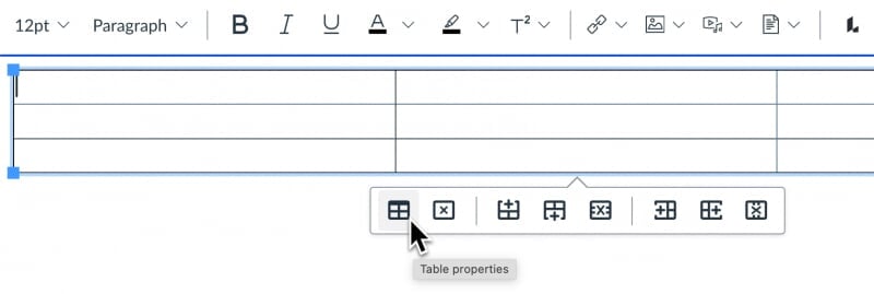 Table context bar in Canvas rich content editor with table selected