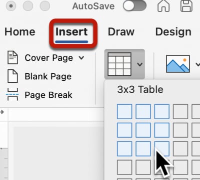 Insert table tool in Word