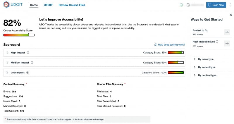 UDOIT home screen showing overall score and options to begin making improvements to content