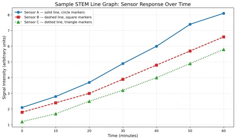 Line graph with three upward-trending data series distinguished by color, line style, and marker shape.