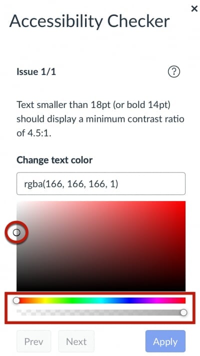 Canvas Accessibility checker modal to correct color contrast settings