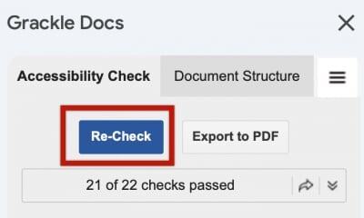 The Re-Check button near the top of the Grackle Docs extension pane