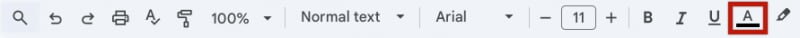 Google Doc toolbar showing the color selector