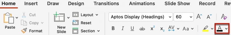 PowerPoint home ribbon showing the font color selection item