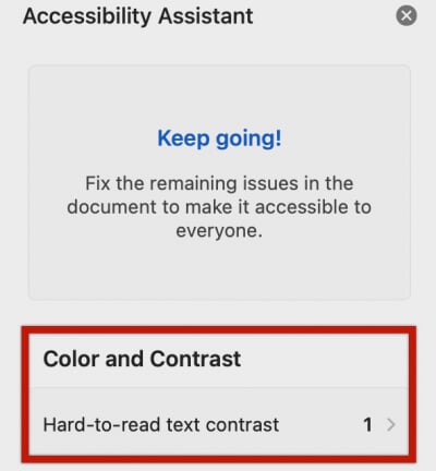Color and Contrast section of Word Accessibility Assistant indicating  a contrast error