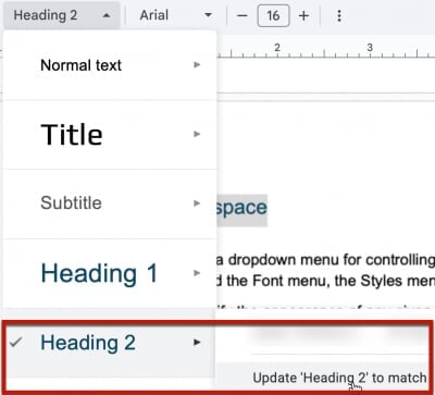 Update heading style option in Google Docs styles menu