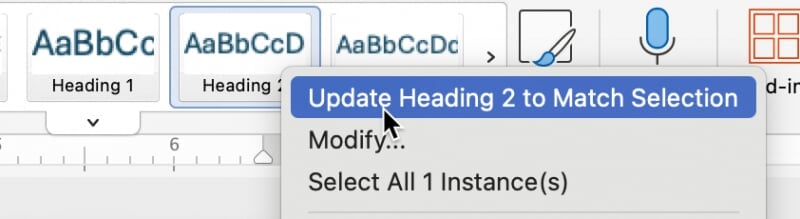 screenshot showing the match style option in styles menu