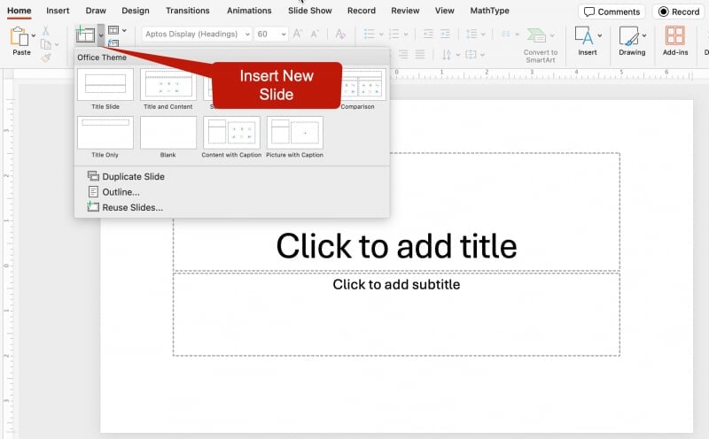 screenshot of new slide menu option in PowerPoint