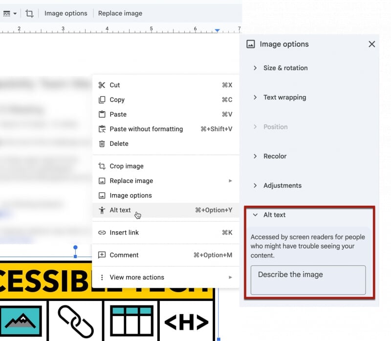 Alt text menu option and image option sidebar in Google Docs