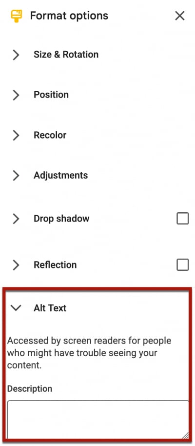Alt Text field in Google Slides format options sidebar