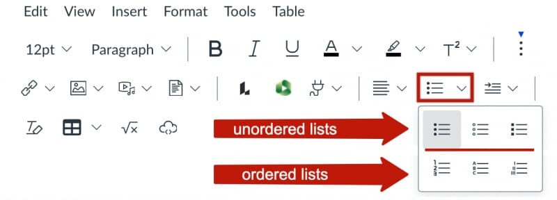 List tool in Canvas rich content editor