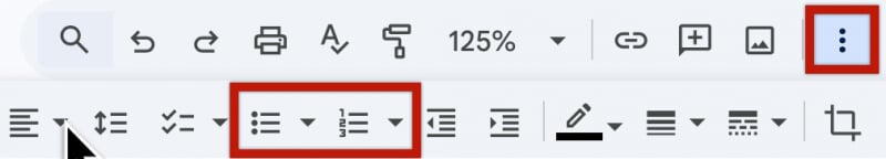 Google Docs toolbar showing more options icon and list tools